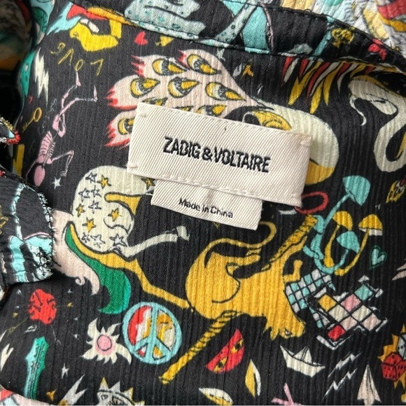 NEW ZADIG VOLTAIRE Circus Print Long Sleeve Tie Cuff Ruffled Button Up Dress XS - Picture 11 of 16